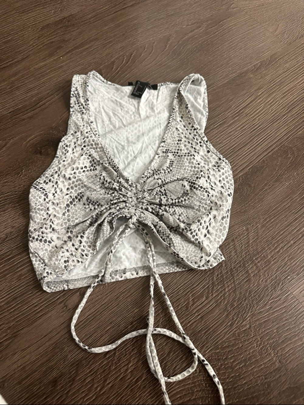 Forever 21 Snake-Print Drawstring Crop Top - White, Gray